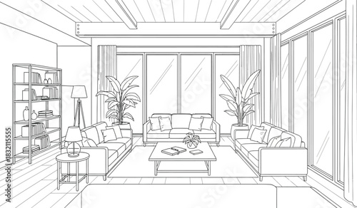 Architectural sketch of a modern living room interior design with large windows furniture and bookshelf in a silhouette style creating a minimalist aesthetic silhouette