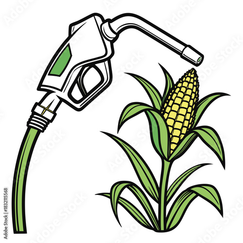 Fuel nozzle pouring liquid into a ripe corn cob symbolizing biofuel and sustainable energy production