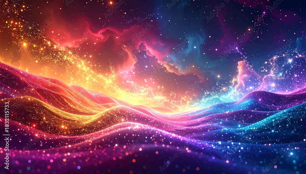 Fototapeta premium Vibrant Cosmic Waves and Sparkling Stardust in a Colorful Nebula.