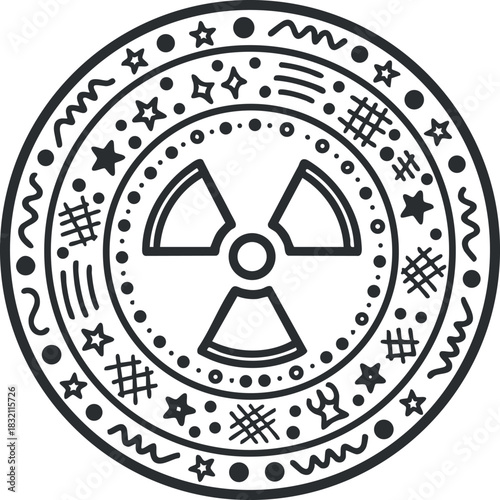 A nuclear radiation symbol encircled by abstract doodles and patterns in black outline style, suitable for safety signage and educational materials