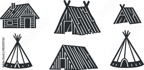 A collection of various tent and cabin designs in black and white geometric vector style, suitable for outdoor adventure themes