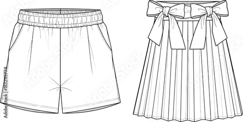Vector technical sketch set of casual shorts with elastic waist and pleated skirt with bow for apparel design.