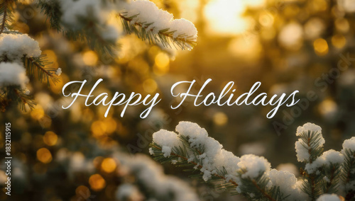 This image features snow-dusted evergreen pine branches with a warm, golden bokeh background, enhanced by the 