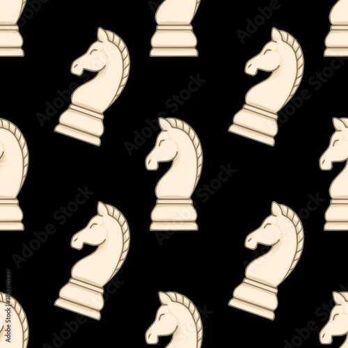A seamless vector pattern featuring light cream-colored chess knights with subtle shading against a stark black background, creating a minimalist and classic game-themed design.