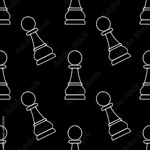 Seamless vector pattern featuring minimalist white outlines of chess pawns scattered on a stark black background, creating a classic and strategic aesthetic.