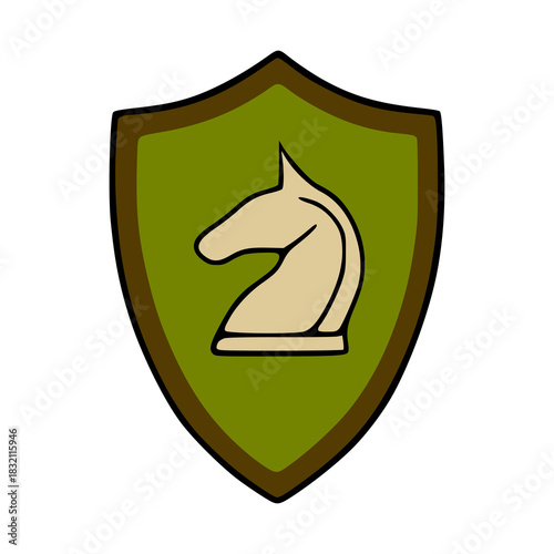 A simple vector illustration of a shield with a knight chess piece, featuring a beige horse head silhouette against a green background, outlined by brown and black borders.