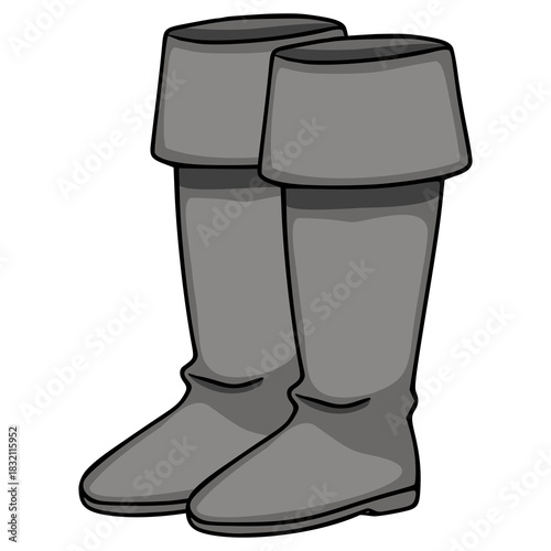 A pair of grey cavalier boots, rendered as a simple vector illustration with bold black outlines and subtle shading, presented on a clean white background.