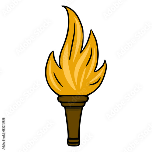 A stylized vector illustration of a lit torch with bright orange and yellow flames and a dark brown handle, presented in a clean, graphic style.