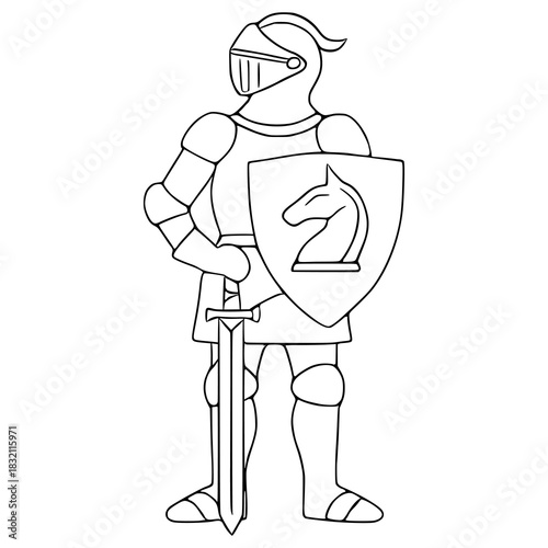 Stylized vector illustration of a medieval knight in full armor holding a sword and shield with a chess knight emblem.