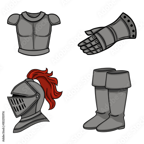 A detailed vector illustration showcasing a knight's medieval armor set, including a chest plate, gauntlet, helmet with a red plume, and greaves, presented on a clean white background.