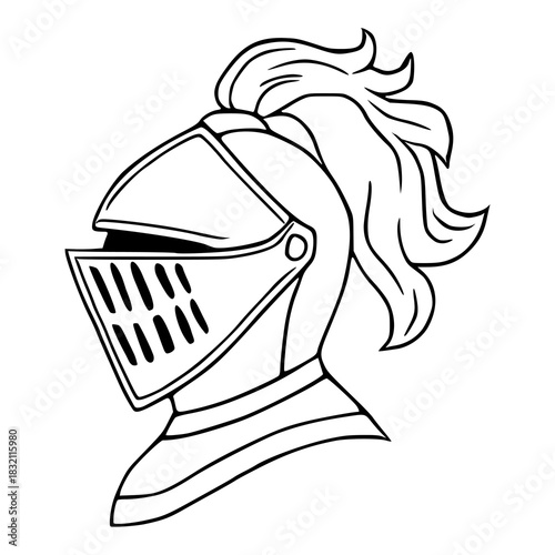 A stylized black and white vector illustration of a medieval knight's helmet with a flowing plume, presented in a clean, graphic style suitable for stock imagery.