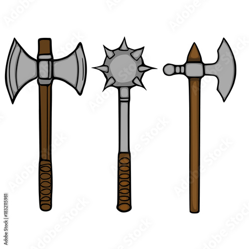 A vector illustration showcasing three distinct medieval weapons: a double-headed axe, a spiked mace, and a single-headed axe with a hammer-like pommel, rendered with simple lines and flat colors.