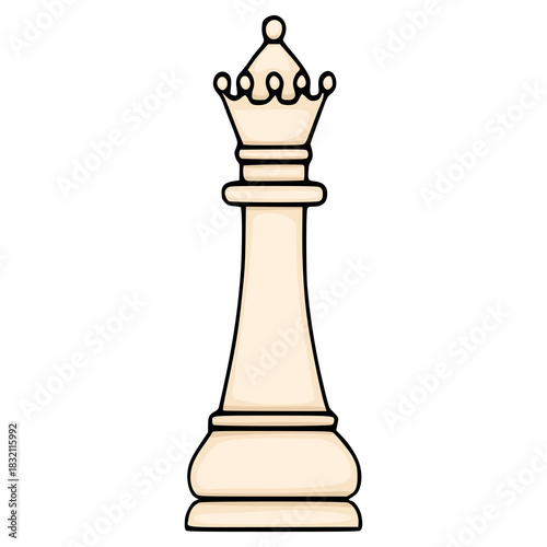 A minimalist vector illustration of a single, light-colored queen chess piece with a stylized crown and a thick black outline, isolated on a white background.