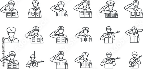 A set of military soldier icons in outline vector style, suitable for defense and patriotism themes