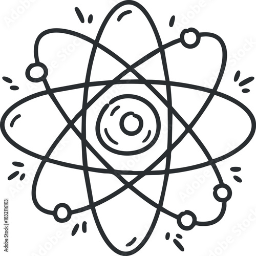 An atom illustration with orbiting electrons in black and white outline vector style, ideal for educational materials and science-themed designs