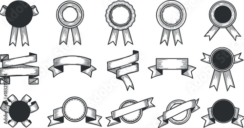 A collection of decorative badges and ribbons in black and white outline vector style, ideal for award designs and branding