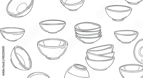 A collection of various bowl designs in outline style, perfect for kitchenware branding and culinary projects