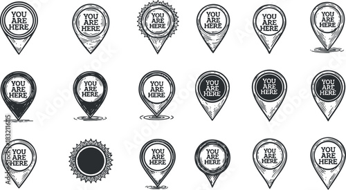 A collection of location pins featuring 'You Are Here' text in black and white outline vector style, ideal for navigation apps and travel projects