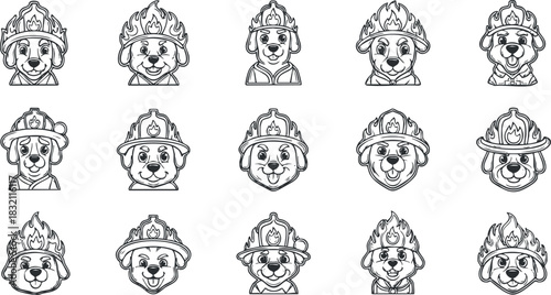 A collection of firefighter dog characters wearing helmets in outline vector style, perfect for children's illustrations and fun designs