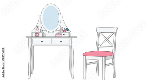 Elegant white dressing table with an oval mirror and drawers, paired with a classic chair, illustrated in a clean and minimalist style.