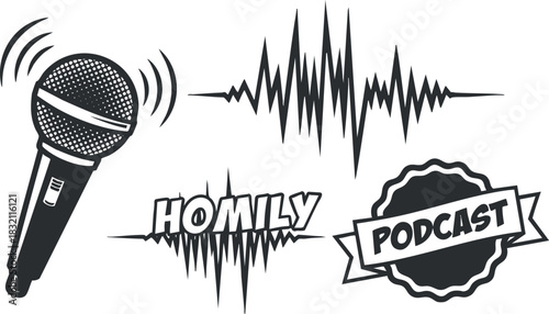 A microphone with sound waveforms and podcast elements in black and white flat vector style, ideal for media branding and promotional materials