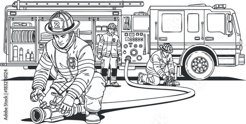 A group of firefighters in action with a fire truck in black and white outline vector style, ideal for educational materials or emergency services branding