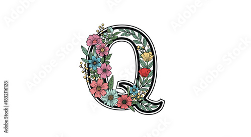 Decorative capital letter Q from the English alphabet, beautifully embellished with a vibrant assortment of hand-drawn flowers.