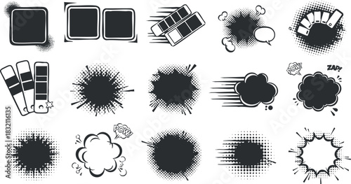 A collection of comic book style speech bubbles, explosive effects, and action icons in black and white vector style, ideal for graphic design projects