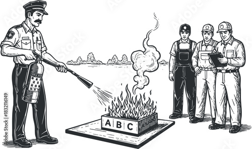 A firefighter extinguishing a fire with an extinguisher while a group of workers observes in black and white vintage vector style, ideal for safety training materials