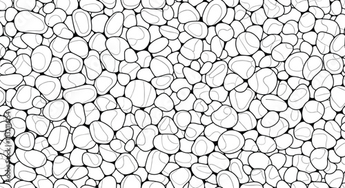 Seamless black and white line art pattern of smooth, rounded sea pebbles, creating a natural and calming textured background.