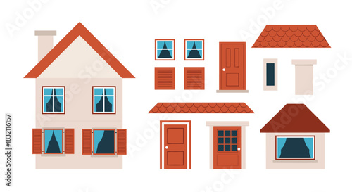 House construction kit with a finished two-story building and separate architectural elements like doors, windows, and roofs.