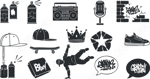 A collection of graffiti and street art elements, including spray cans, a skateboard, a microphone, and urban dance poses in black and white vector style, perfect for youth culture designs