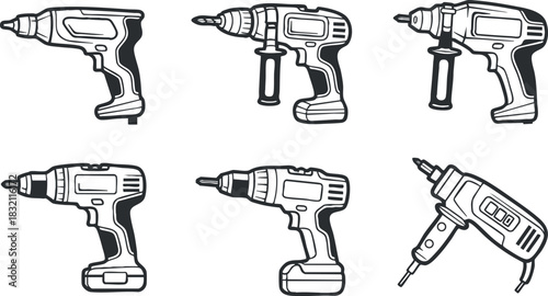A set of electric drills in black and white outline vector style, perfect for construction and DIY projects