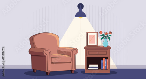 Cozy reading corner interior with a comfortable brown armchair, a side table with books, and a lamp creating a warm spotlight.