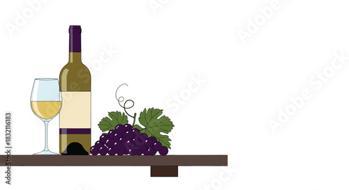Still life illustration with a bottle and glass of white wine next to a fresh bunch of dark grapes on a simple wooden shelf.