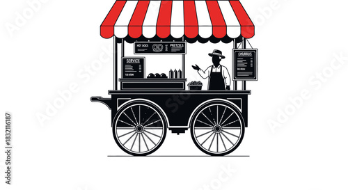 Illustration of a vintage food cart selling street food items
