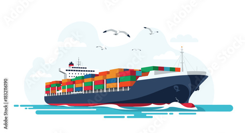 Large container cargo ship sailing on the blue ocean, transporting goods globally under a sky with clouds and seagulls flying.