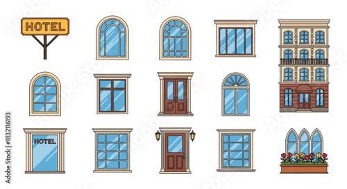 Collection of classic architectural elements including various window styles, doors, and a hotel facade on a white background.