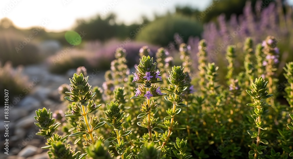 Obraz premium Close up of blooming thyme plants in a garden with sunlight and lavender flowers