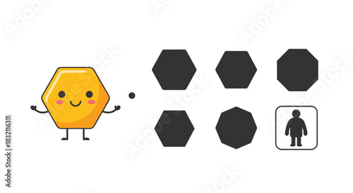 Find the correct shadow educational puzzle game for children, featuring a cute cartoon hexagon character and various shapes.