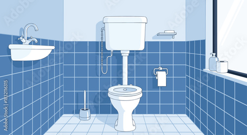 Clean and simple illustration of a modern bathroom interior in shades of blue, with a toilet, sink, and tiled walls.