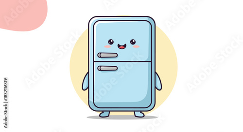 Cute and happy cartoon refrigerator character with a smiling face, arms, and legs, standing on a simple illustrated background.