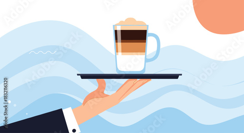 Waiter's hand holding a tray with a glass of layered latte macchiato coffee against an abstract blue wave background.