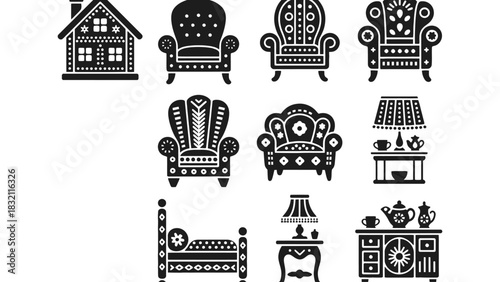 Collection of black and white furniture and house vector graphics