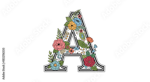 Floral capital letter A from the English alphabet, elegantly decorated with a beautiful assortment of colorful flowers and leaves.