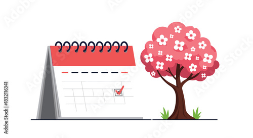 Spring season concept illustration with a desk calendar marked with a check and a beautiful blooming sakura cherry blossom tree.