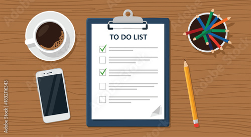 Top-down view of a wooden desk with a to-do list on a clipboard, coffee, smartphone, and a pot of colored pencils.