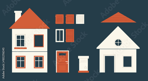 House constructor set with two building shells and separate architectural parts like windows, doors, and roofs for assembly.