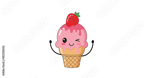 Kawaii strawberry ice cream cone character winking and flexing its arms, topped with a fresh strawberry and pink sauce.