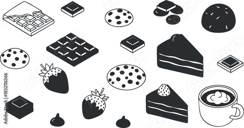 A collection of various desserts including cakes, cookies, and chocolates in a minimalist black and white vector style, perfect for culinary design projects